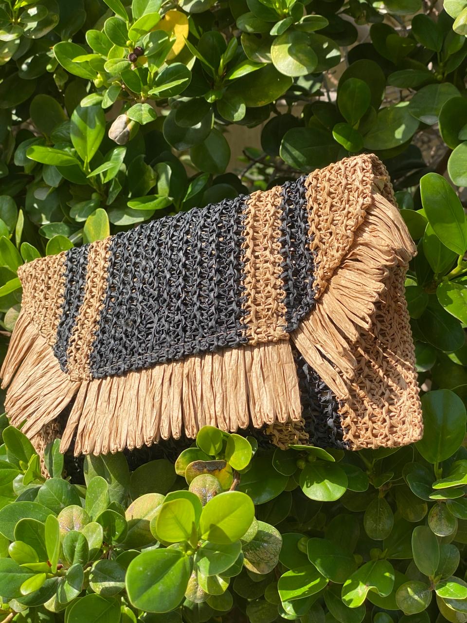 Fringe Clutch Handbag - Black and Cream