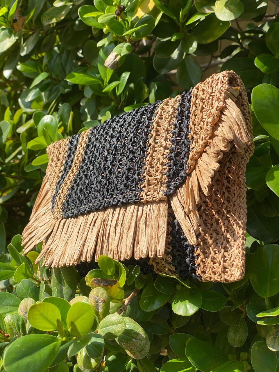 Fringe Clutch Handbag - Black and Cream